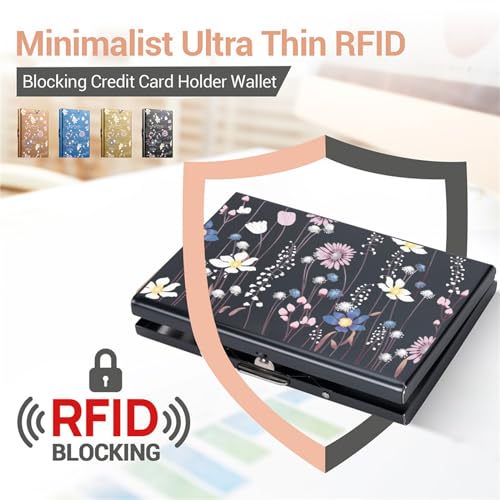 BONSYL® Metal Credit Card Holder Wallet, Ultra Thin RFID Blocking Credit Card Wallet with 6 Slots for Men and Women.(6 Card/Black/Flower) - color: 6 Card/Black/Flower