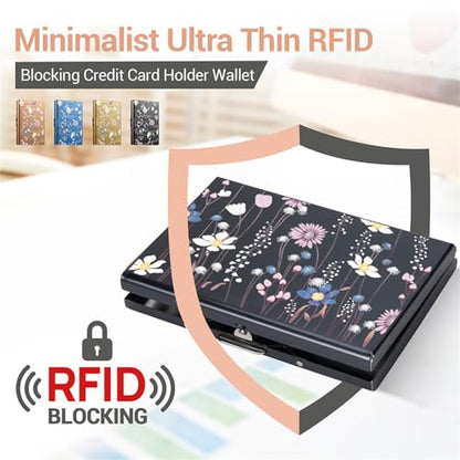BONSYL® Metal Credit Card Holder Wallet, Ultra Thin RFID Blocking Credit Card Wallet with 6 Slots for Men and Women.(6 Card/Black/Flower) - color: 6 Card/Black/Flower