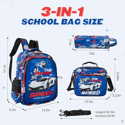 Boys Backpack 3 in 1 Kids Backpacks for Boys Cool Cute Kawali Race Car Backpack for Preschool Elementary Kindergarten,Blue Color,Large Capacity,16 Inch - color: 16 Inch Blue Car 3 in 1