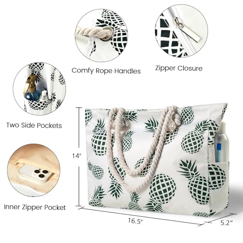 Clothirily Beach Bag for Women, Large Beach Tote Bag Waterproof with Zipper - color: Pineapple