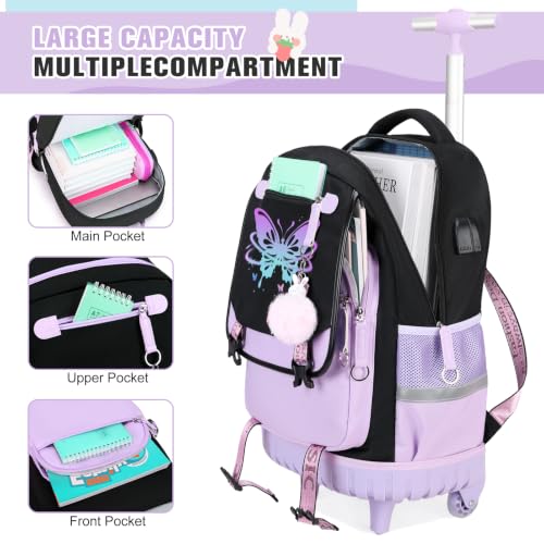 Bevalsa Rolling Backpack for Girls, 3PCS Roller School Backpack Set - color: Purple Butterfly