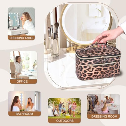 FITINI Travel Leopard Makeup Bag Cosmetic Bag with Zipper,Large Capacity Waterproof Toiletry Organizer Bag for Women Purse With Handle Zipper Brush Pouch - color: Leopard