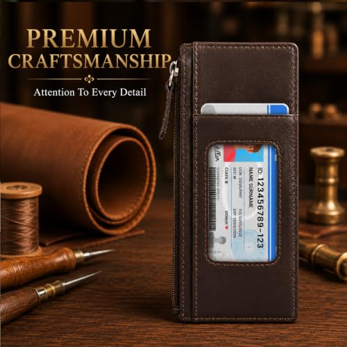 Leatherboss Genuine Leather Women's All in One Credit Business Card Case Holder Slim Zipper Wallet With a Card Protection Strap, Brown - color: Brown