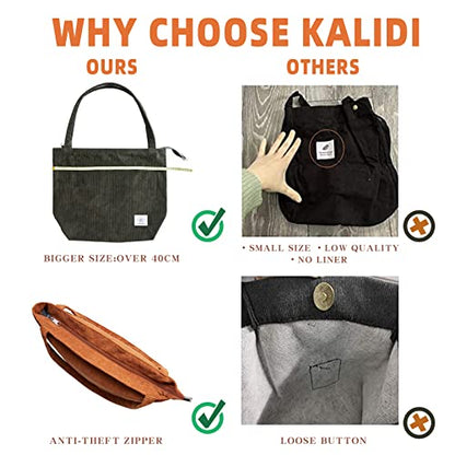 KALIDI Women Corduroy Tote Bag Zipper Casual Tote's Handbag Big Capacity Shoulder Bag with Pockets - color: Grey
