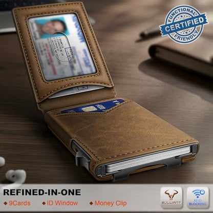 BULLIANT Men Slim Magnetic Leather Wallet Metal Case Money Clip 9 Cards - color: Tiger Eye-4339