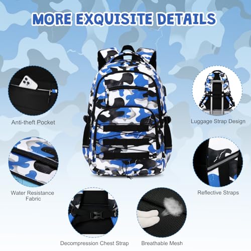 ACESAK 3PCS Camo Backpack for Boys with Lunch Box Pencil Case - color: Blue White