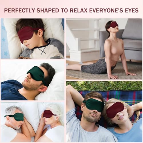 Amrules 2 Pack Silk Sleep Mask Set Adjustable, Green & Dark Red - color: Teal Green & Wine Red-silk Floss