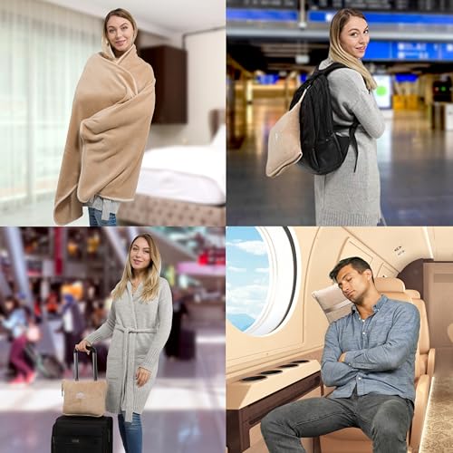 BlueHills Premium Soft Travel Blanket Pillows 2 Pack Airplane Warm - Beige | 2-Pack Travel Blanket Pillows Airplane, Luggage Strap, Carabiner, Flight Throw, Large Traveling Essentials, Warm Travel Gifts - color: Beige-2pk-t205
