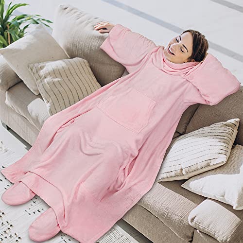 PAVILIA Fleece Blanket with Sleeves, Foot Pockets for Women Men, Light Pink - color: Light Pink, size: Fleece