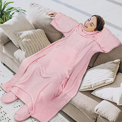 PAVILIA Fleece Blanket with Sleeves, Foot Pockets for Women Men, Light Pink - color: Light Pink, size: Fleece