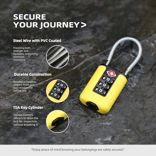 TSA Approved Luggage Locks, 3-Digit Waterproof Padlock, Combination Travel Cable Lock, Lockers, Suitcases, Toolboxes (Yellow+Yellow) - color: Yellow+Yellow