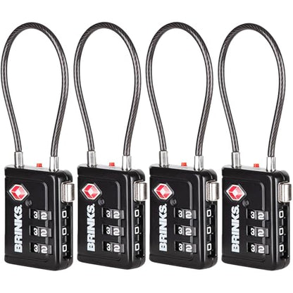 Brinks TSA Accepted Luggage Lock with 2.5" Cable Shackle, Black, 4-Pack - color: Black, size: 2.5" Shackle