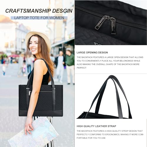 EMPSIGN Laptop Tote Bag for Women 16 Inch, Quilted Black - color: Quilted Black
