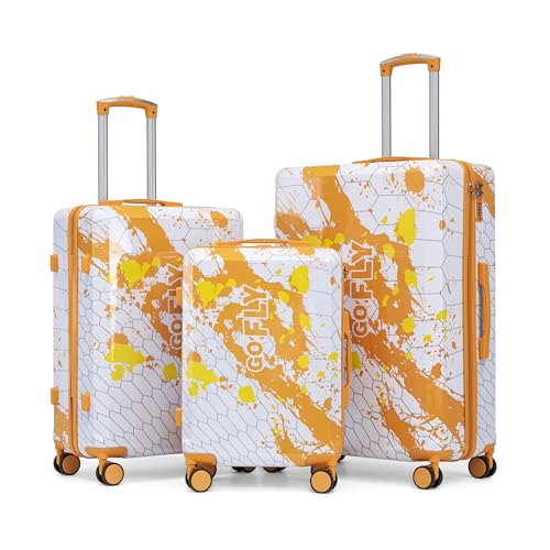 3 Piece Hardside PC Luggage Set, 20/24/28 Inch Travel Suitcases, Printed Pattern Carry On Luggage, Silent Spinner Wheels & Secure Combination Lock, Orange - color: Organge