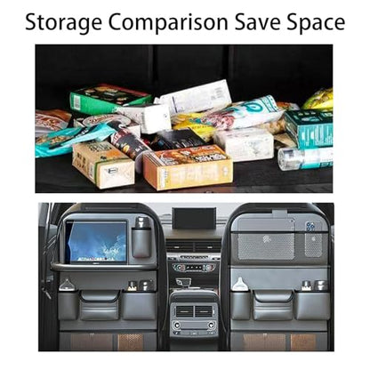 2 Pack Leather Car Seat Back Organizer with Foldable Tray Table, Backseat Car Organizer with Tablet Pocket, Cup Holders, Tissue Pocket, Mesh Pockets, Kick Mat Gray - color: Gray