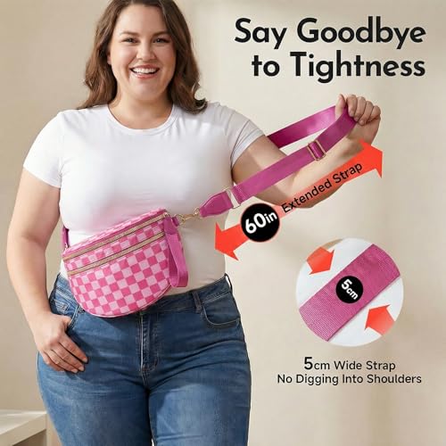 Checkerboard Crossbody Bag for Women, Expandable Plaid Belt Bag Nylon Fanny Pack with Multiple Pockets - color: Hot Pink Checkered