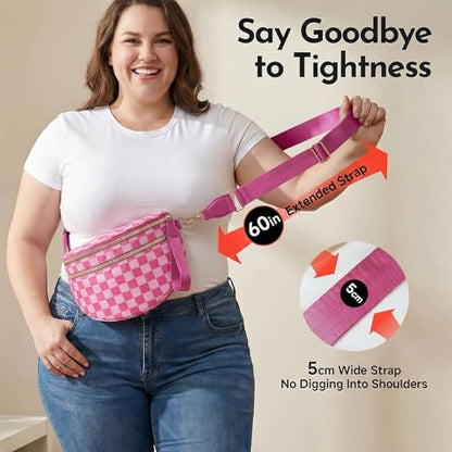 Checkerboard Crossbody Bag for Women, Expandable Plaid Belt Bag Nylon Fanny Pack with Multiple Pockets - color: Hot Pink Checkered