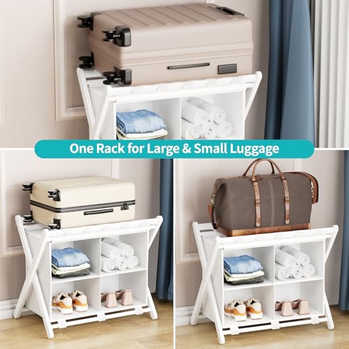 White Bamboo Luggage Rack with 4 Storage Compartments, Foldable Suitcase Stand, Luggage Rack for Guest Room, 150lbs Capacity, Sturdy - color: White 1 Pcs