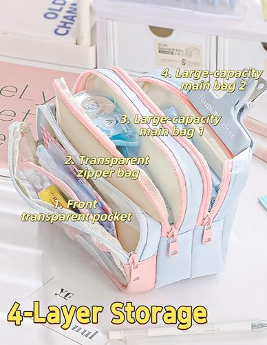 Transparent Large Pencil Case Japanese Pastel Pencil Pouch (Pink) - color: Pink