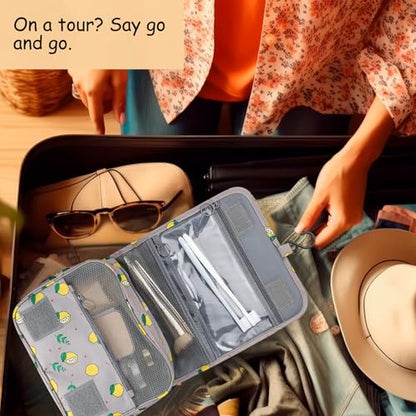 Foldable Hanging Travel Toiletry Bag,Waterproof Portable Travel Bags, Multifunction Travel Makeup Cosmetic Bag Organizer with Hanging Hook (Grey Lemon) - color: Grey Lemon