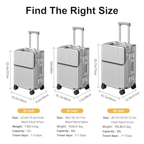 Carry on suitcase Zipperless Luggage,Polycarbonate Aluminum Hard Shell, Expandable Carry-On Suitcase with Spinner Wheels, 24 Inch Cabin - color: silver, size: 24 inch