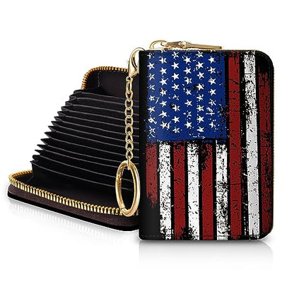 Blusabaca Women's RFID-Blocking American Flag Wallet, Leather, 12 Card Slots, 2 Coins, Zipper Closure, Waterproof - color: American Flag