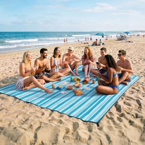 OIGAE Beach Blanket Waterproof Sandproof Oversized Beach Mat - color: Blue Wave Stripes, size: 10x10 Ft (2～10 person)