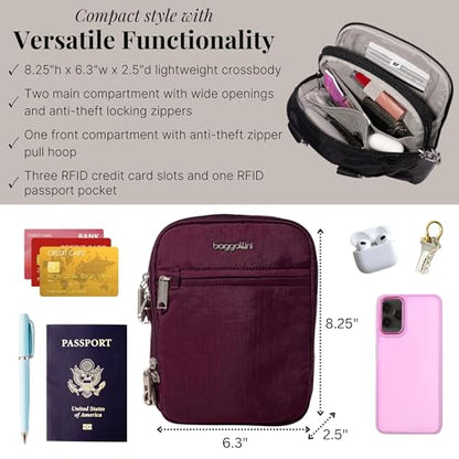 Baggallini Securtex® Anti-theft Mini Everything Crossbody Bag, 6.3"x8.25" Rfid, Locking Zippers & Cut-resistant Strap - color: Mulberry