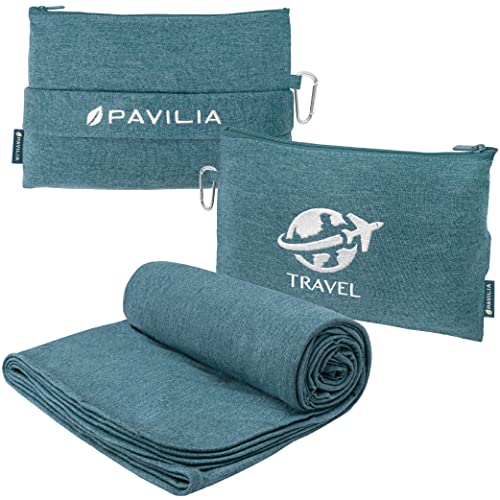 PAVILIA Travel Blanket Airplane Compact Pillow with Bag for Flights, Teal - color: Teal Blue