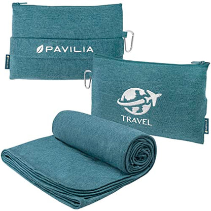 PAVILIA Travel Blanket Airplane Compact Pillow with Bag for Flights, Teal - color: Teal Blue