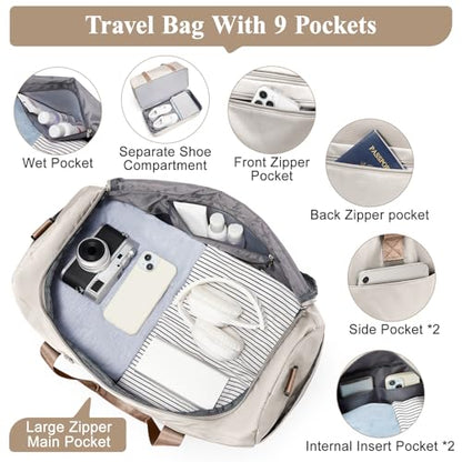Travel Duffel Bag,Carry-On Overnight Weekender Bags with Shoes Compartment - color: Beige & Brown with Toiletry Bag, size: Small