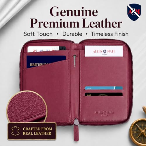 ALLEN & MATE Leather Passport Holder for Travel, RFID Zip Travel Wallet - color: Maroon