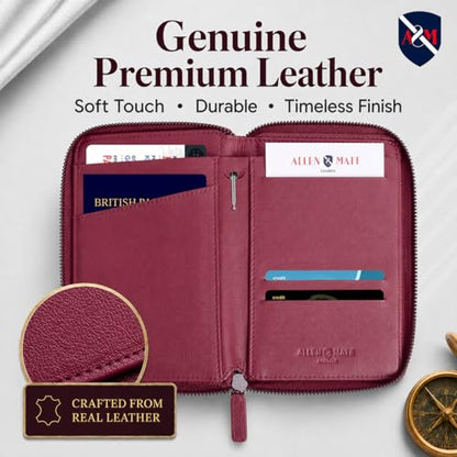 ALLEN & MATE Leather Passport Holder for Travel, RFID Zip Travel Wallet - color: Maroon