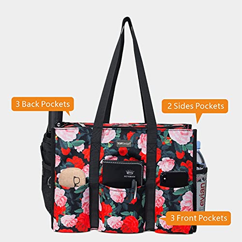 TOPDesign Utility Water Resistant Tote Bag with 13 Pockets, Zipper Closure - color: Chinese Rose, size: Medium
