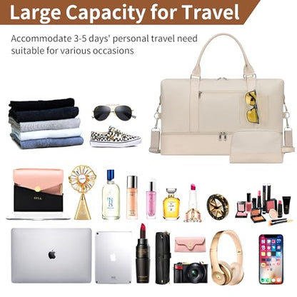 Women's Weekender bag Travel Duffel Bag with Shoe Compartment 21-inch Airline-Approved Carry-On, 2-Piece Overnight Bag Set Personal Item Luggage - color: C-Beige-A