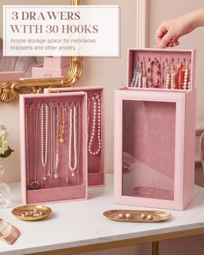 Huquary 3 Layer Vertical Necklace Organizer Box, Pink - color: Pink