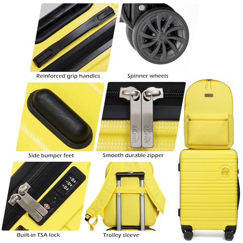 ABS+PC Carry on Luggage set with backpack 3 Pcs suitcace with Spinner wheels TSA Lock 20-In hardshell Lightweight Luggage set(Yellow) - color: Yellow