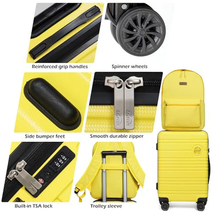 ABS+PC Carry on Luggage set with backpack 3 Pcs suitcace with Spinner wheels TSA Lock 20-In hardshell Lightweight Luggage set(Yellow) - color: Yellow