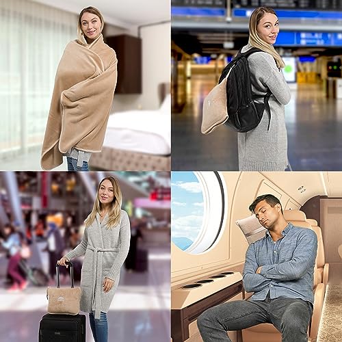 BlueHills Premium Soft Travel Blanket Pillow Airplane Throws Packable Beige - color: Beige-1pk-t005