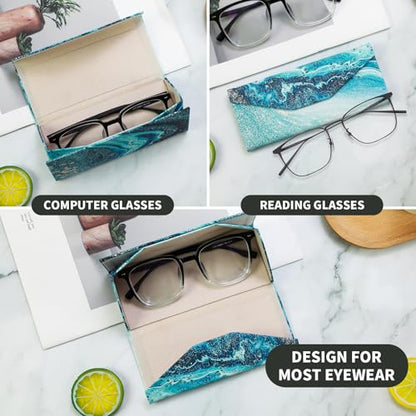 Foldable Glasses Case, Magnetic PU Leahter Sunglasses Case, Cute Hard Shell Folding Eyeglass Cases for Women Kids - color: Blue Sand