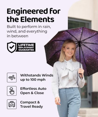 Windproof Travel Umbrella - Compact & Withstands Winds up to 100MPH, Strongest Premium Auto Folding Umbrella for Rain and Sun - Durable, Light & Portable for Women & Men, Fits Backpack & Cars - color: Starry Night