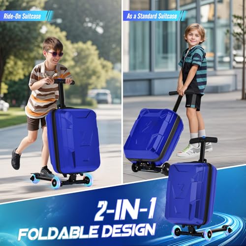 2-in-1 Folding Scooter Luggage for Kids & Adults, 3-D Hardshell Ride-On Scooter Suitcase with Adjustable Handle & Silent Wheels, Lightweight Travel Suitcase for Children Teens - color: blue