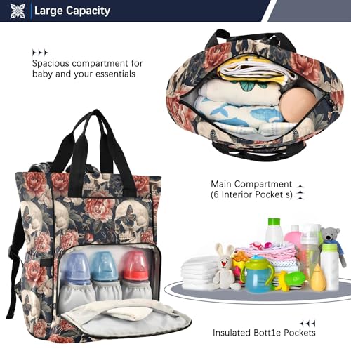 MNSRUU Diaper Bag Skull Peony Large Capacity Changing Backpack Multifunction Travel Tote Nappy Bag Baby Diaper Backpack for Mom Dad - color: Skull A8963