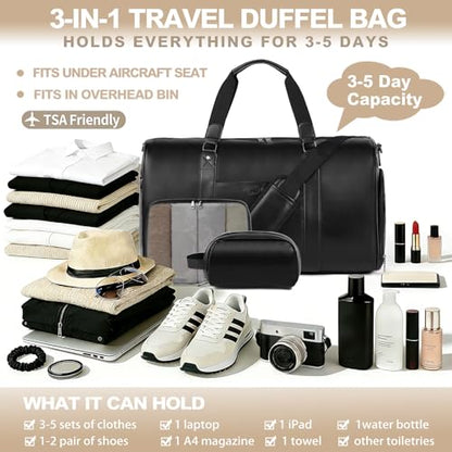 3‑PCS Leather Duffle Bag for Travel, Weekender Overnight Gym Bag Men Women - color: Black