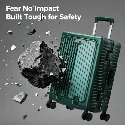 Carry on Luggage Aluminium Frame with Cup Holder,Top opening Suitcases and USB Charging Port,Lightweight with Front Pocket Rolling Suitcases with Spinner Wheels (Green, 20Inch) - color: Green