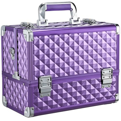 FRENESSA Makeup Train Case Makeup Case 12.6 Inch Large Cosmetic Box Organizer Travel Storage Professional Make Up Train Carrying Case with 6 Trays Locking Shoulder Strap Hard Vanity Storage Purple - color: Purple
