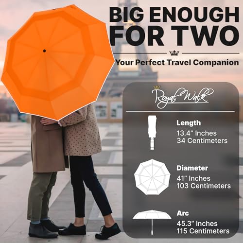 Royal Walk Compact Travel Umbrella for Rain, Windproof, Small & Portable - color: Orange