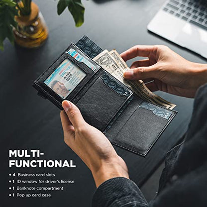 VULKIT Pop up Card Wallet Minimalist Cash Wallets RFID Blocking Leather Smart Credit Card Holder with ID window for Men(Black) - color: Black