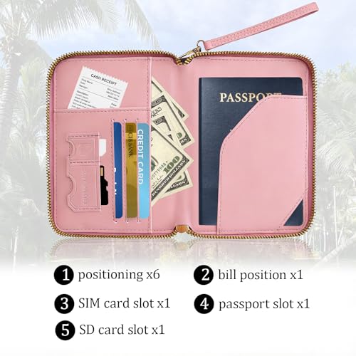 Passport Holder for Travel Wallet,RFID Detachable Wrist Strap Wallet - color: Pink