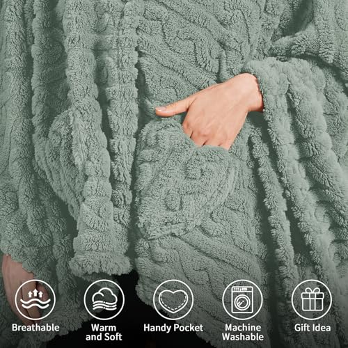 Wearable Blanket Poncho Cape Wrap for Adult, Cozy Sherpa Fleece Pocketed Shawl TV Throw Blankets for Office and Lounge(Sage,58'' x 64'') - color: Sage